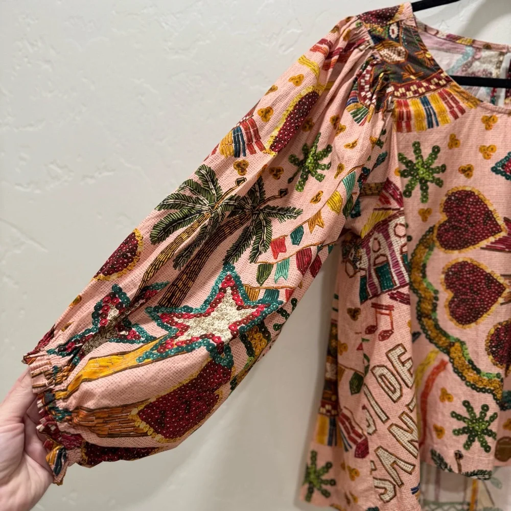 EUC FARM Rio Women's Size G (Med/Large) Printed Blouse Multi Color Puff Sleeves